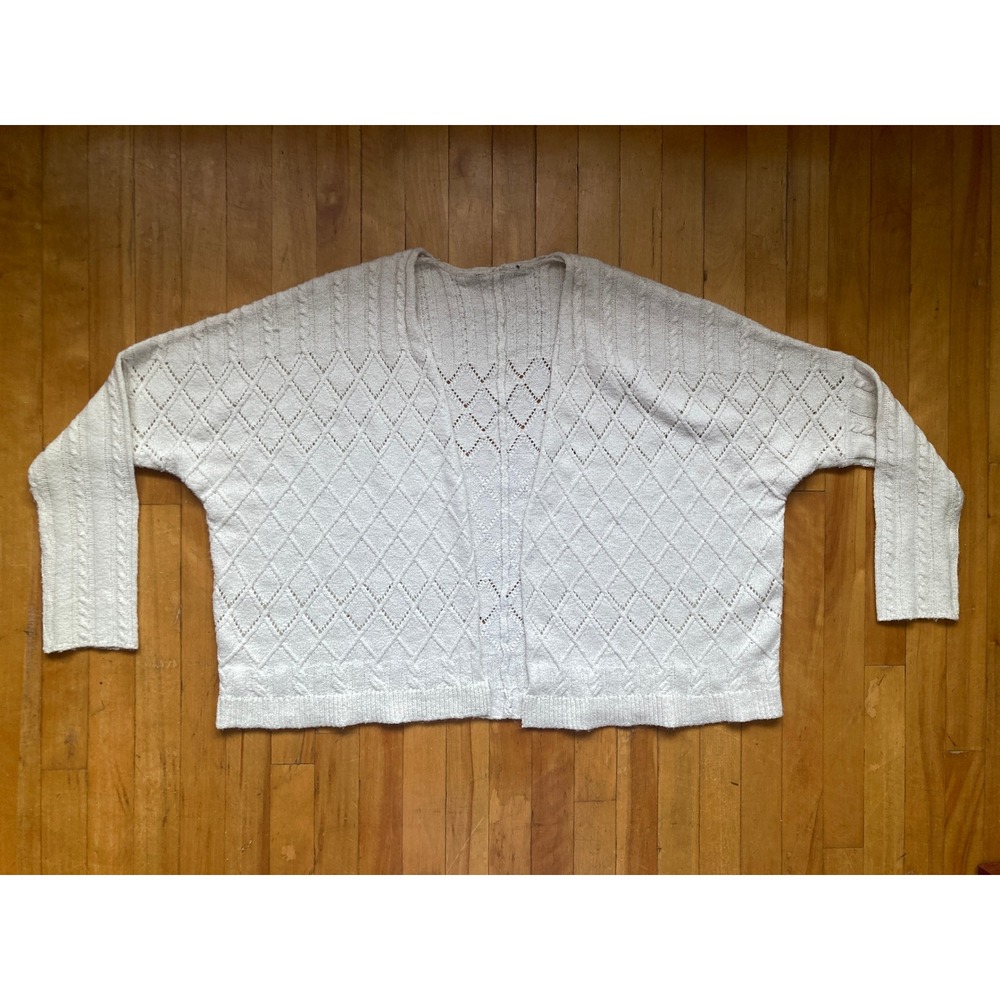 Cream Diamond Pointelle Cable Knit Open Front Cardigan Soft Drop Shoulder Ivory